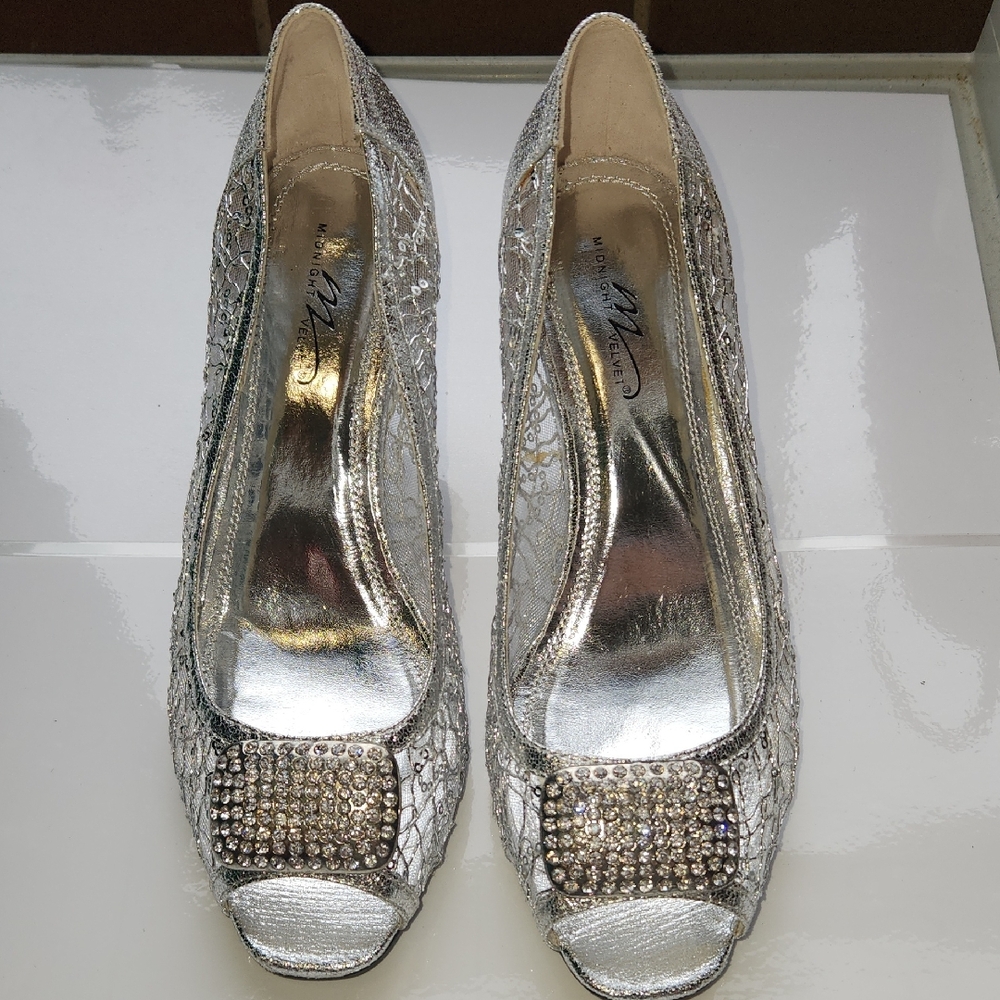 Silver Sequin Peep-Toe Heels with Crystal Buckle - Women